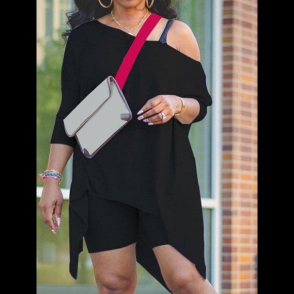 Casual Asymmetrical/Tunic Style Grey off a shoulder Top & Shorts Outfit - Picture 5 of 7